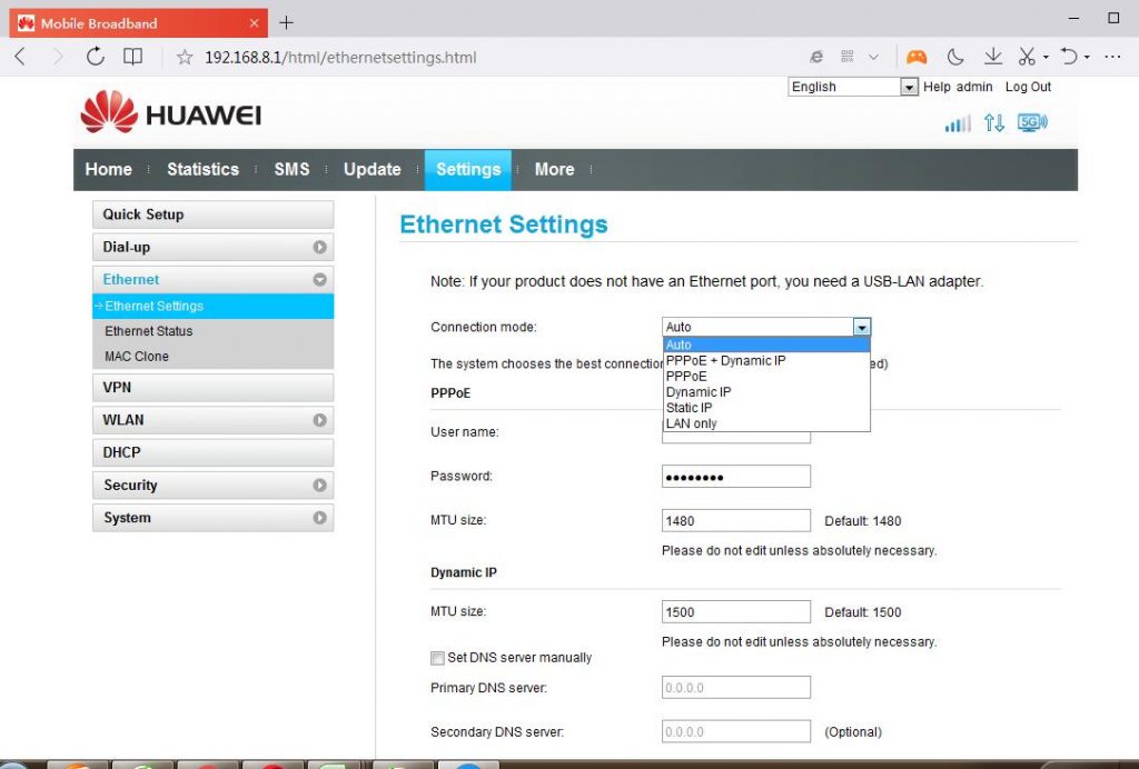 Huawei B715s23c Router  Interface Setting Options