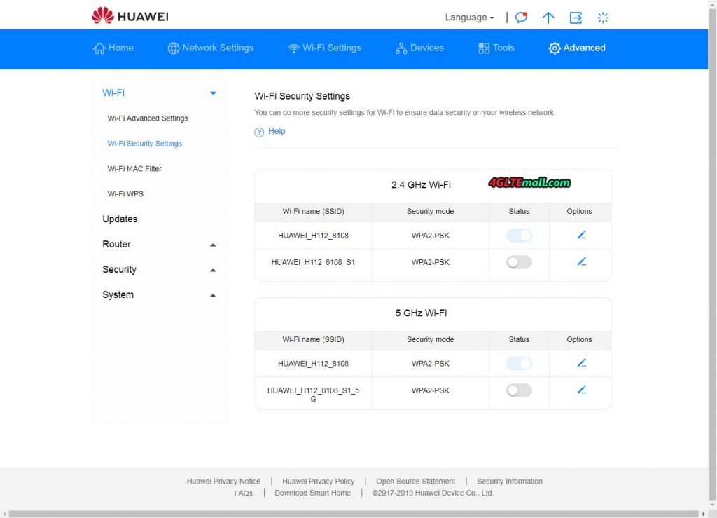 Huawei 5G CPE Pro Web UI Setting Options – 4G LTE Mall